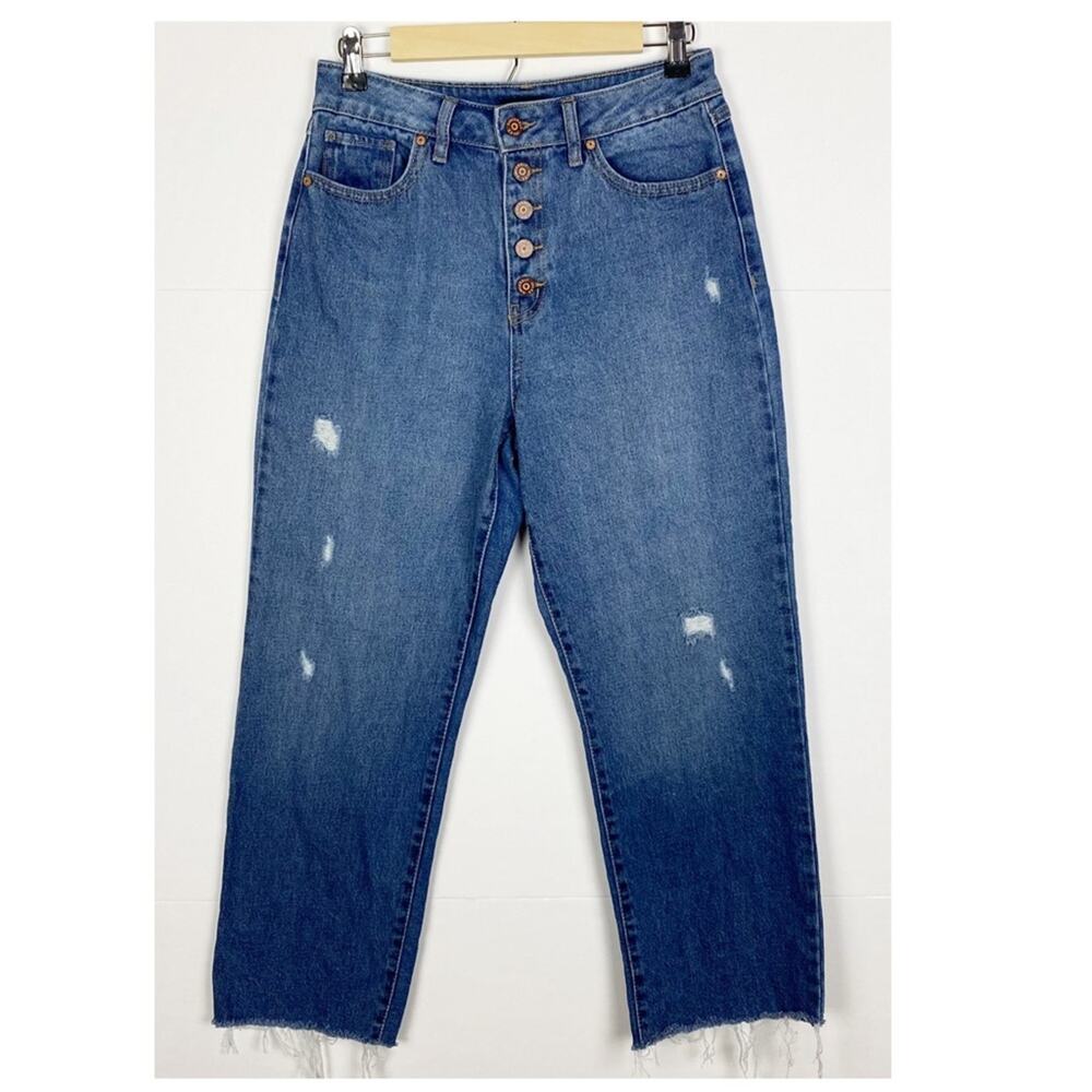 Sincerely Jules Jeans Size 27 Button Fly Straight Leg Raw Hem Cropped Med Wash